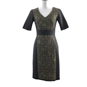 Trina Turk Gray Green Felicia Tweed Panel Dress Womens 2 V Neck Half Sleeve